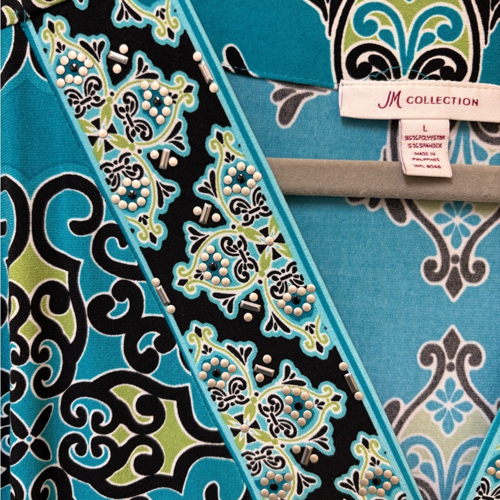 JM Collection Teal and Black Patterned Blouse - Picture 3 of 8